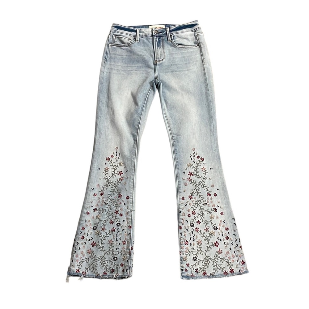 DRIFTWOOD Womans 24 Light Wash Barbie Pink Floral Embroidered Roxy Flare Jeans
